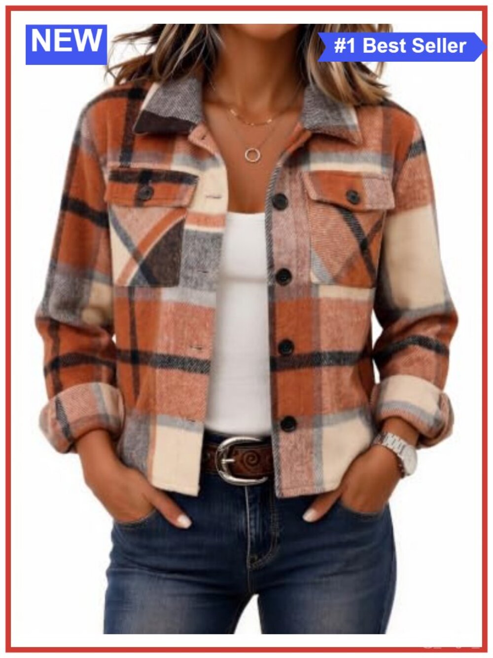 Plaid Flannel Cropped Shacket Button Front Loose Fit Casual Jacket
